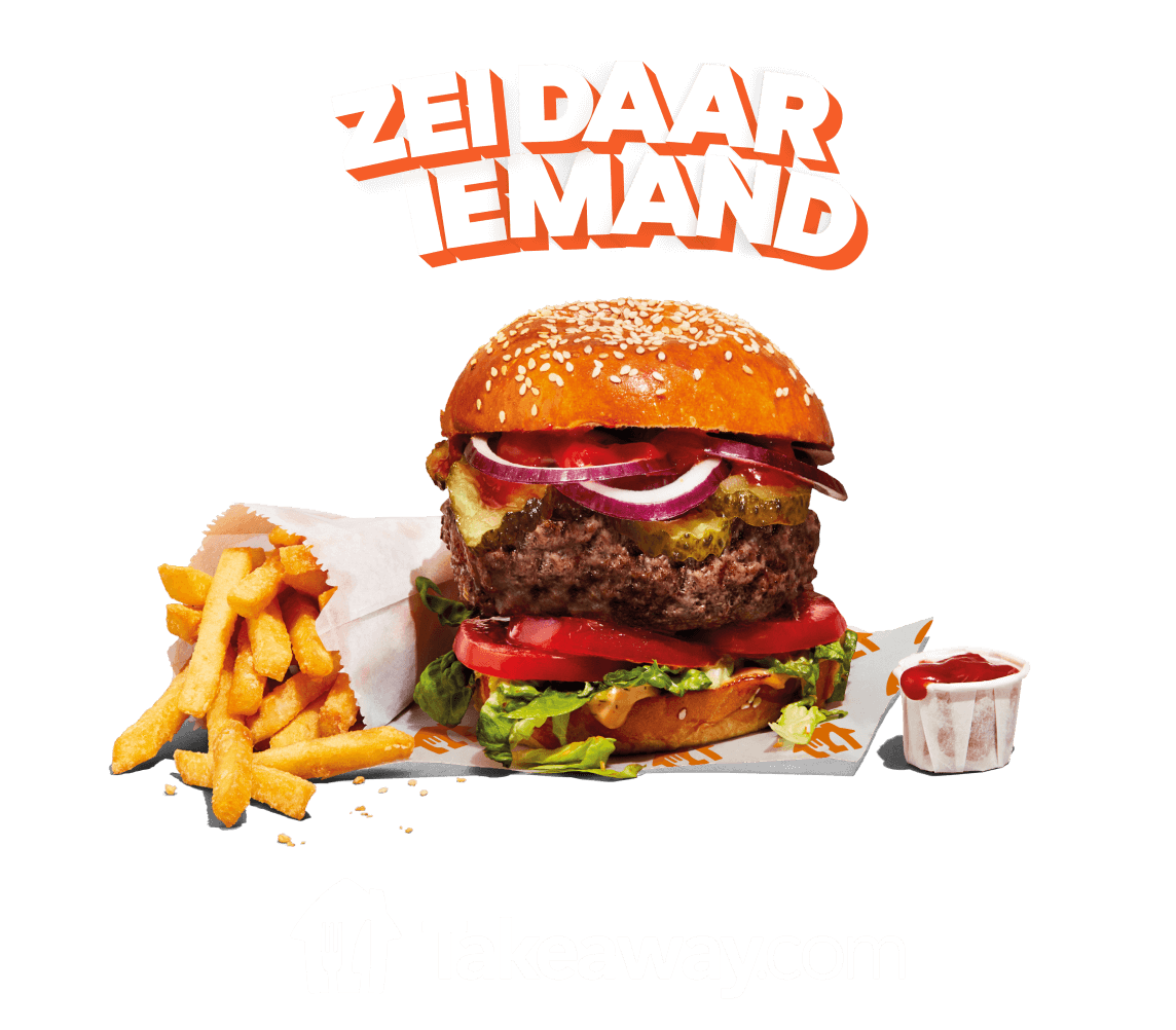 Graphic of Zei daar iemand above a burger with fries and ketchup on orange background with a Takeaway.com logo below
