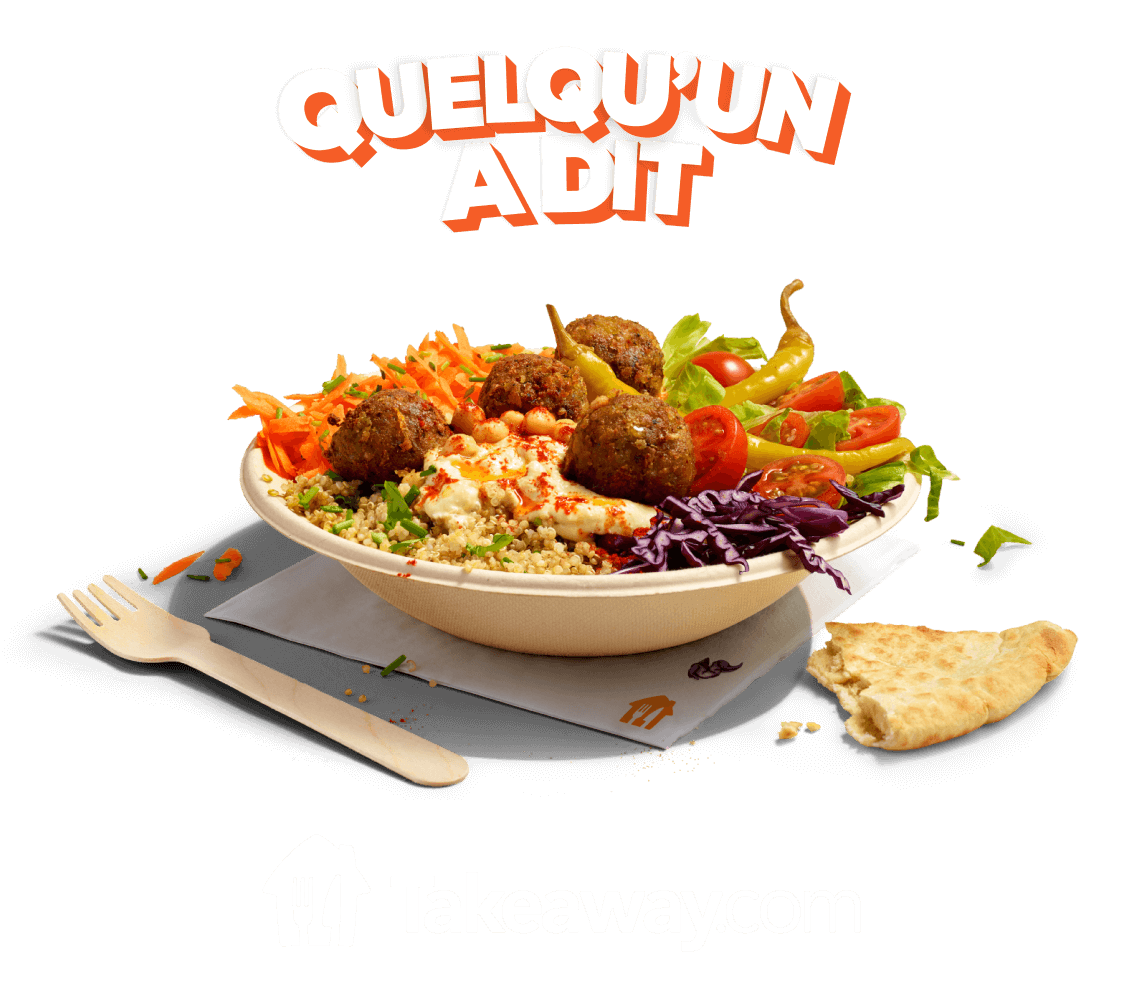 Image sur fond orange représentant l’accroche Quelqu'un a dit au-dessus d’un bol de falafels et de légumes, et en dessous, le logo Takeaway.com.
