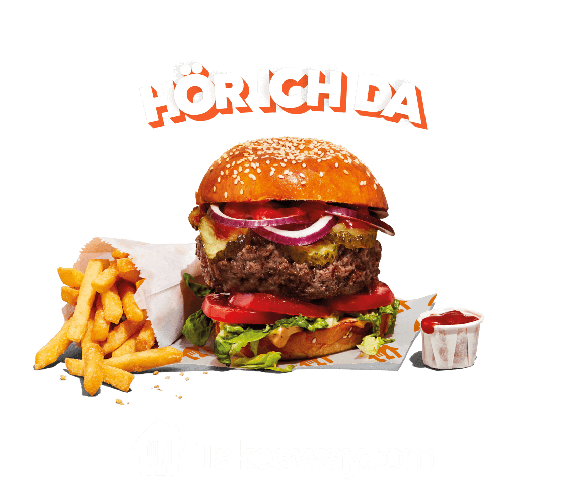 Grafik des Slogans Hör ich da über einem Burger mit Pommes und Ketchup auf orangem Hintergrund; darunter das Logo von Takeaway.com
