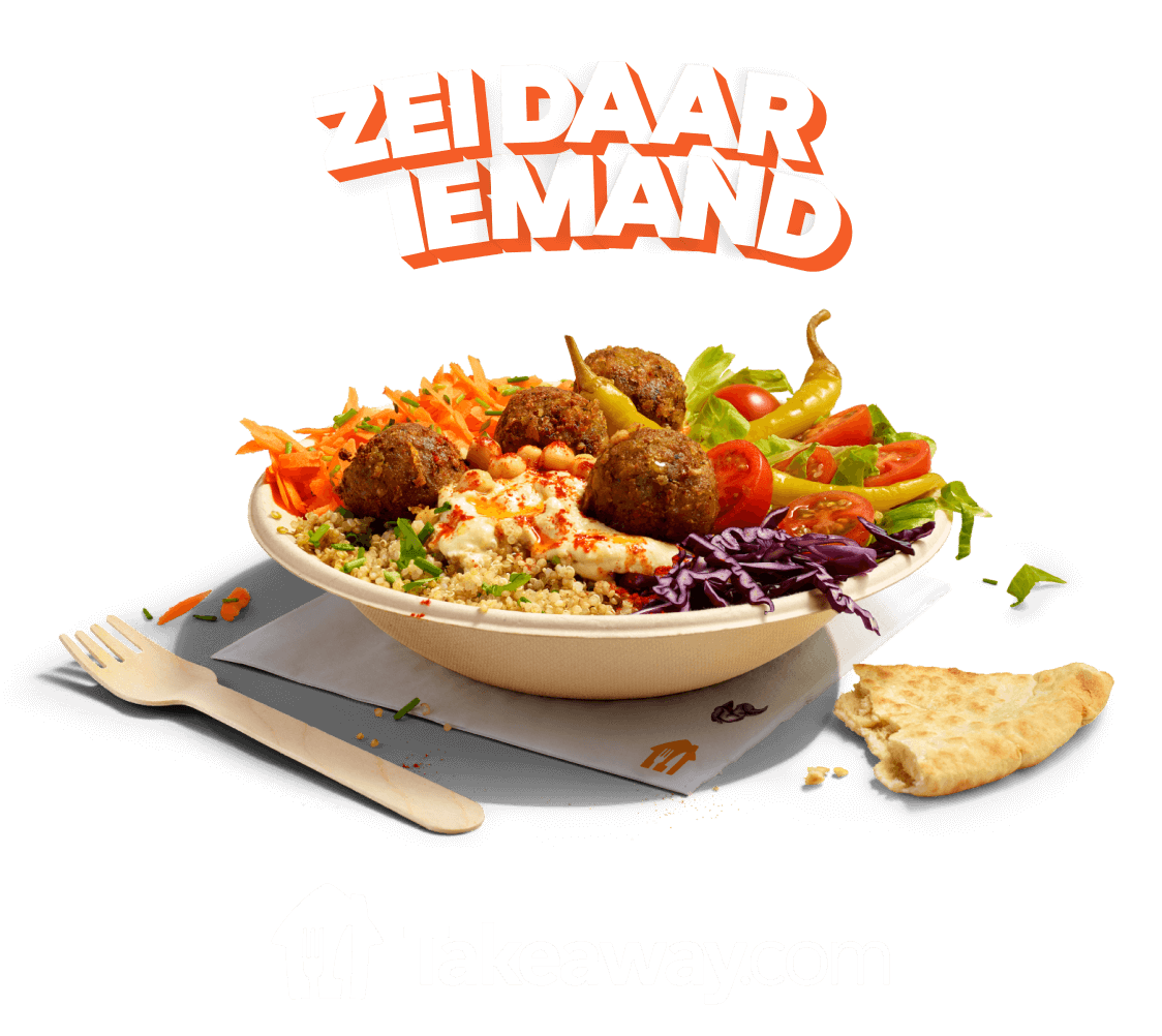 Grafica di Zei daar iemand sopra una ciotola di falafel e verdura su sfondo arancione con logo Takeaway.com sotto
