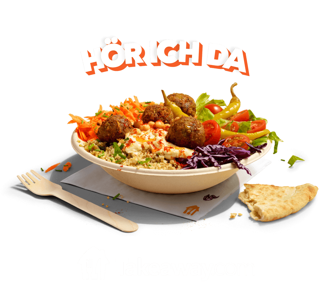 Grafik des Slogans Hör ich da über einem Teller mit Falafeln und Gemüse auf orangem Hintergrund; darunter das Logo von Takeaway.com