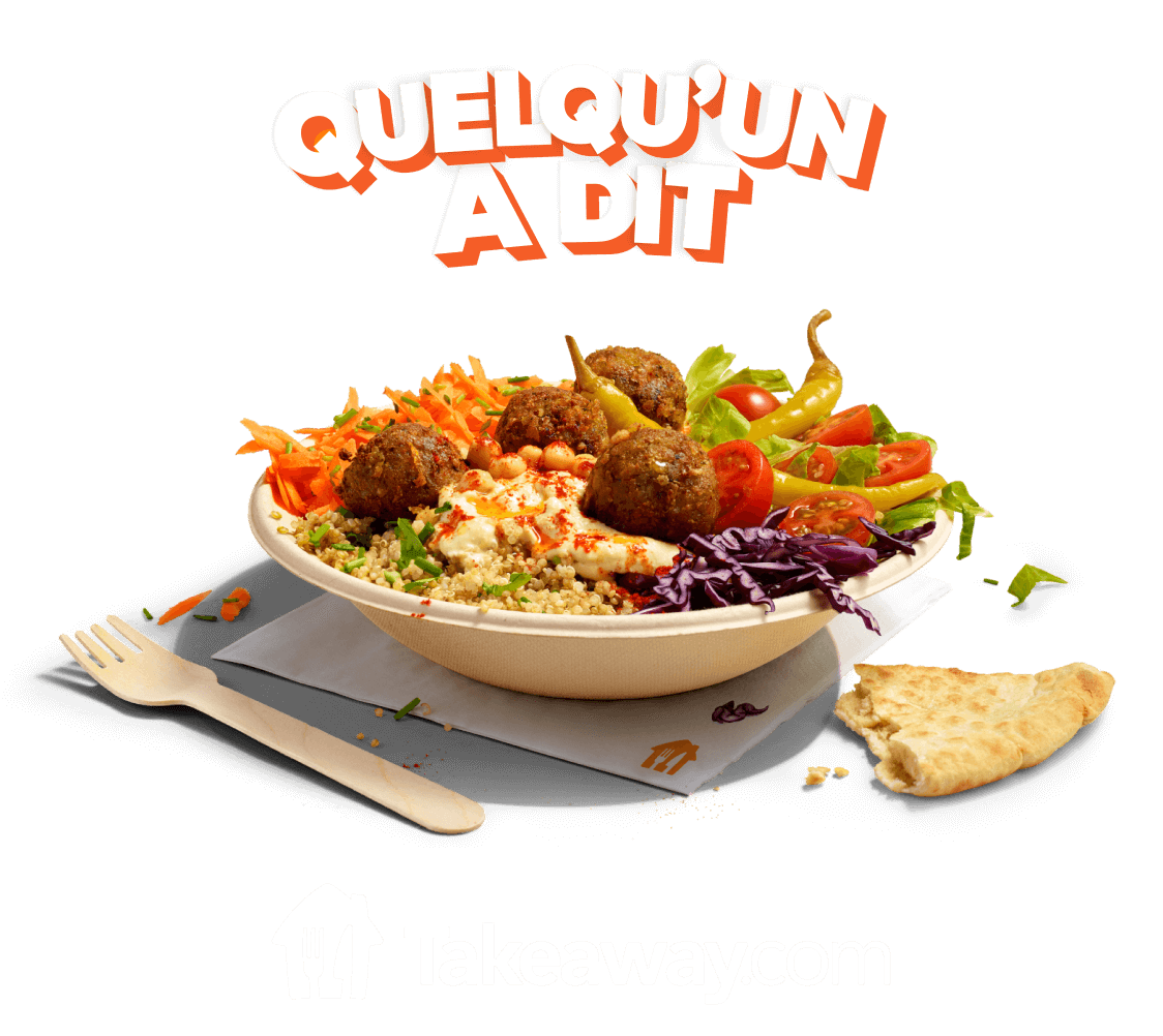 Grafik af Quelqu'un a dit over en skål med falafel og grøntsager på en orange baggrund med et Takeaway.com-logo nedenunder