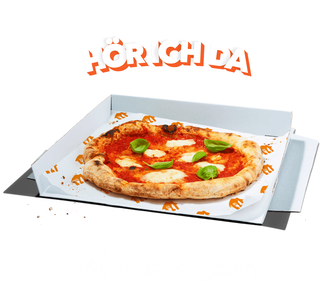 Grafik des Slogans Hör ich da über einer Pizza auf orangem Hintergrund; darunter das Logo von Takeaway.com