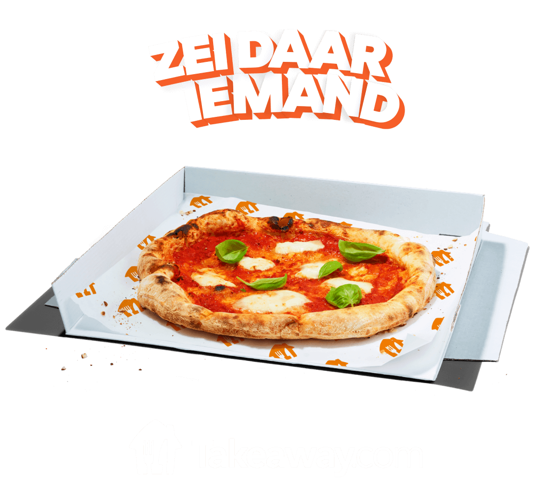 Grafika Zei daar iemand nad pizzą umieszczoną na pomarańczowym tle z logo Takeaway.com widniejącym poniżej