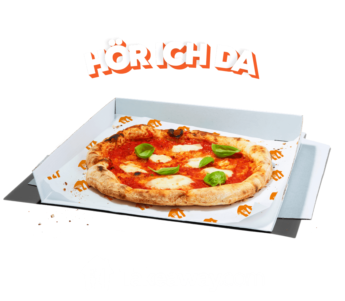 Grafik des Slogans Hör ich da über einer Pizza auf orangem Hintergrund; darunter das Logo von Takeaway.com